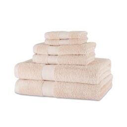 Amazon Basics 6-Piece Organic Cotton Bath Towel Set, Soft and Absorbent Bathroom Towels, Fade Resistant, 2 Bath + 2 Hand + 2 Flannel Face Cloths, Blush Pink