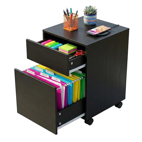 Relaxdays Rolling Cabinet with 2 Drawers & Hanging Files, HxWxD: 57x40x40cm, Black Desk Cabinet on Castors