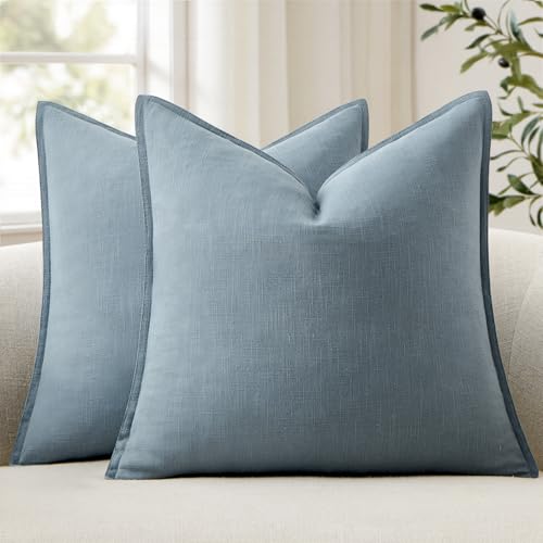 ANRODUO Pack of 2 Decorative Linen Pillow Covers Light Blue Ashes Euro Sham Neutral Farmhouse Boho Soild Cushion Case Soft Accent Pillowcase for Couch Sofa Bedroom Living Room Home Decor 22 x 22 Inch