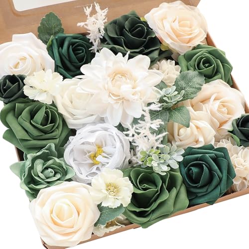 Floroom Olive Green Artificial Flowers Forest Green Fake Roses Peonies Dahlia Greenery Combo Box Set for DIY Wedding Bouquets Bridal Shower Centerpieces Floral Arrangement Party Tables Home Decoration