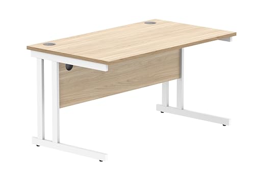 Office Hippo Essentials Rectangular Writing Computer Work Place, Home Office Desk with Cable Port Management, Wood, Canadian Oak, 140x80cm