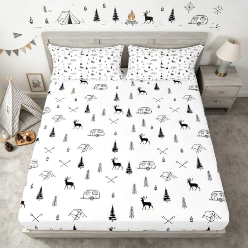 Happy Camping Fitted Sheet Full Size,Cute Deer Pine Tree Print Bedding Set Lake House Camper Car Theme Bed Sheets,Kids Girls Boys Women RV Room Decor,Black White Deep Pocket Sheet,2 Pillowcase