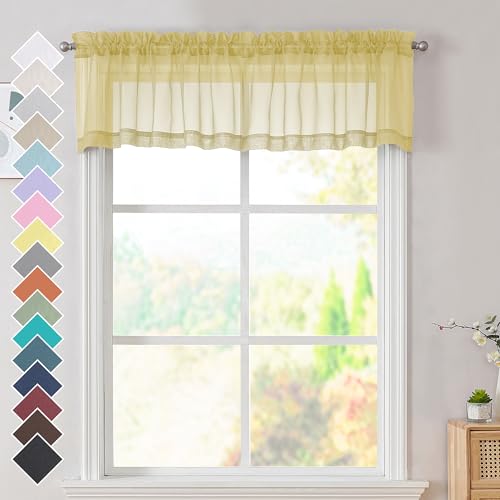 OVZME Mustard Yellow Window Valances Half Window Sheer Curtains, Modern Top Dual Rod Pocket Light Filtering Voile Drapes for Small Window Cafe Sheer Curtains 2 Panels, 42W x 14L Inch