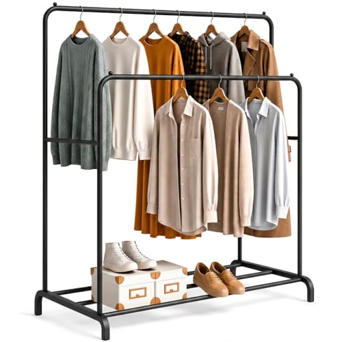 edihome, Clothes Rail, Coat Stand, Rack, Double, for Bedroom, 110X150X54 cm, Resistant, Metal, with Shoe Support, Organizer, Easy Assembly (Black)