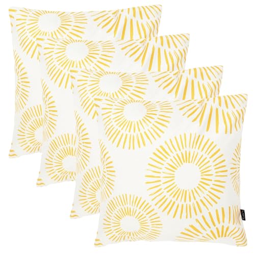 icon Indoor Outdoor Cushions Filled, Printed Collection, Golden Sun, Set of 4, 43cm x 43cm, Water Resistant, Yellow Outdoor Cushions for Garden Furniture, Lounge, Garden, Patio