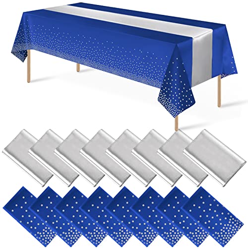 16Pack Disposable Plastic Tablecloths and Satin Table Runner Set Blue and Silver Dot Tablecloth Silver Satin Table Runner for Wedding Birthday Baby Shower Anniversary Christmas New Year Party Supplies