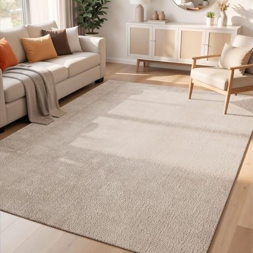 Rugs by Desire Comfy Washable Modern Living Room Rug Polyester Plain Indoor Area Rug with Low Pile - Anti-Slip Felt Backing SuperSoft Carpet Bedroom-Hallway, Dark Beige, 60x100 cm