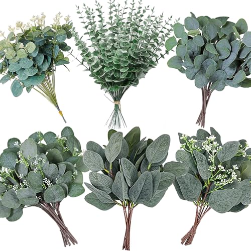 WONICE 240 Pcs 6 Kinds Mixed Eucalyptus Leaves Stems Bulk Artificial Silver Dollar Eucalyptus Leaves Picks Dried Eucalyptus Bundle Faux Spray for Wedding Vase Bouquet Floral Arrangement Decor (240)