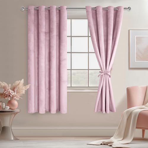 JIUZHEN Pink Velvet Curtains 63 inches for Living Room - Privacy Protect Room Darkening Grommet Thick Velvet Window Drapes for Bedroom, Set of 2 with Tiebacks, 52W x 63L
