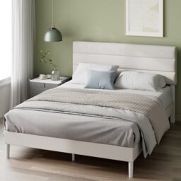 Zinus Piper King Upholstered Bed Frame with Headboard (150 x 200 cm) – Fabric Bed Frame with Wooden Slat Support, Easy Assembly – Off White
