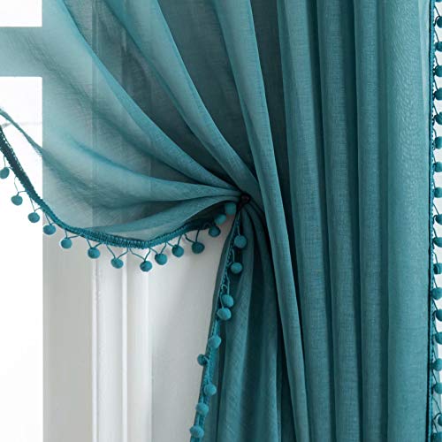 MISS SELECTEX Linen Look Pom Pom Tasseled Sheer Curtains - Rod Pocket Voile Semi-Sheer Curtains for Living and Bedroom, Set of 2 Curtain Panels (52 x 95 inch, Teal)