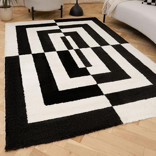 THE RUGS Joli Area Rug - Soft Dense Pile Modern Artistic Design, Durable & Easy Care Carpet for Living Room & Bedroom - Geometric Black & White, 80 x 150 cm