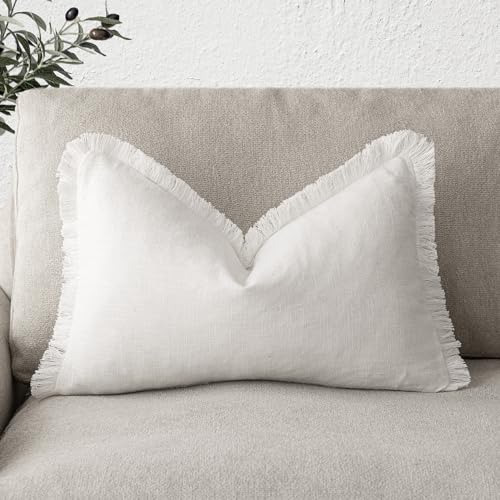 Foindtower Decorative Linen Fringe Lumbar Throw Pillow Covers Cozy Boho Farmhouse Cushion Cover with Tassel Soft Accent Pillowcase for Sofa Bed Living Room Home Decor, 12??20 Inch, 1PC, Cream White