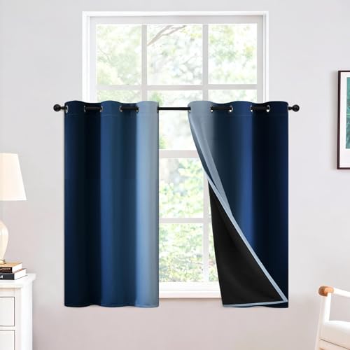 Yakamok 100% Blackout Ombre Blue Curtains 36 inches Long for Bedroom - Room Darkening Curtain for Living Room Grommet Light Blocking Thermal Insulated Gradient Drapes???2 Panels???42W x36L