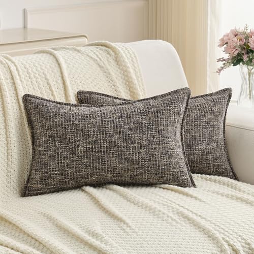 FUTEI Pack of 2 Tweed Chenille Throw Pillow Covers 12x20 Inch, Coffee - Premium Chenille Front/ Smooth Velvet Back,Hidden Zipper,Machine Washable,Pilling-Resistant,Colorfast, Insert Not Included.