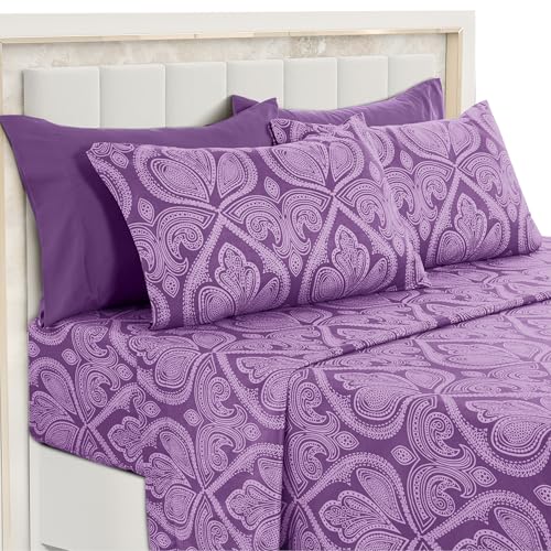Lux Decor Collection LDC Bed Sheets - 6 Pc Queen Size Sheets - High GSM Brushed Microfiber Sheets -Upto 16 Inches Deep Pocket Bedding Sheets & Pillowcases (Queen, Paisley Purple)