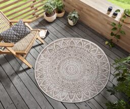 freundin Home Collection Nora Indoor & Outdoor Rug Round Reversible Rug Weatherproof Modern Design Round Rug for Balcony Patio Conservatory Bathroom Rug Living Room Rug Grey Cream 140 cm