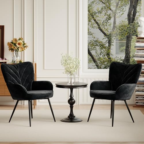 Upholstered Velvet Dining Chair with Armrests, Modern Nordic Dining Room Chair, Soft Padded Seat with Ergonomic Back, Black Metal Legs,Black