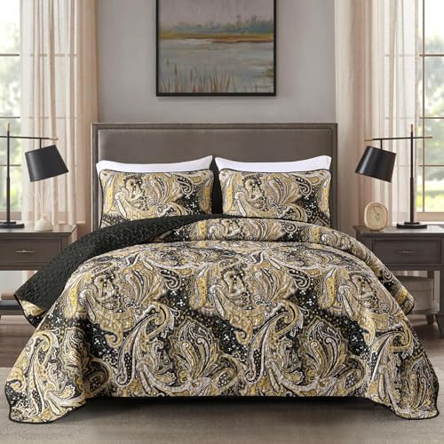 "DJY Black Paisley Quilt Set California King Size Black and Gold Boho Bedspread Coverlet Set 3 Pieces, Soft Lightweight Microfiber Paisley Floral Pattern Bedding for All Season, 112""x96"""