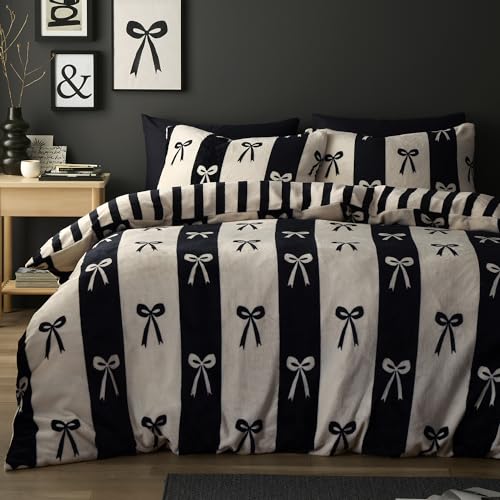 Fusion Snug Bows Monochrome Duvet Cover Set Single – Stripe Maximalist Bedding – Soft Touch Polyester – Includes 1 Duvet Cover (140 x 200cm) & 1 Pillowcase – Monochrome Stripe Bedroom Set
