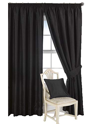Ravello Faux Silk Ready Made Fully Lined Tape Curtains Black - Colour: Black