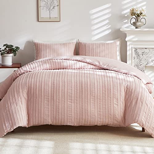 WARMDERN Pink Boho Duvet Cover King Size, Striped Textured Duvet Cover Set Tufted Bedding Set, 3 Pcs Ultra Soft Washed Microfiber Duvet Cover with Zipper Closure (King, Pink)