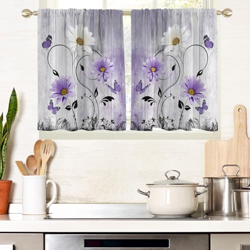 "AAtter Purple Floral Kitchen Curtains, 27.5"" W x 36"" L, 2 Panels Rod Pocket - Lavender and White Farmhouse Window Drapes, Country Rustic Flower, Cute Vintage Daisy Butterfly, Small Short Bathroom Tiers"