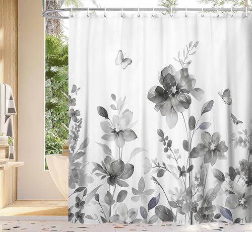 YDIDIAN Grey Floral Shower Curtain, Grey Lavender Floral Butterfly Boho Shower Curtains for Bathroom, Farmhous Flower Cute Fabric Shower Curtain Set with 12PCS Hooks, 70X70IN