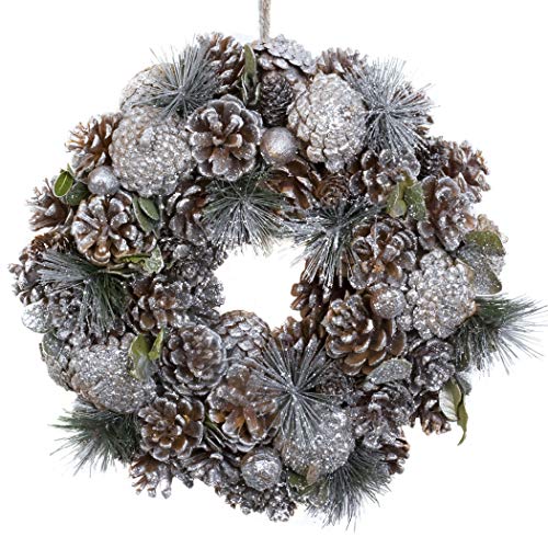 GreenBrokers Christmas Hanging Wreath 30cm - Festive Silver Display with Pine Cones