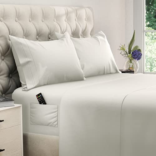 DREAMCARE Queen Sheet Set ??? 4 pcs Cooling Sheets ??? up to 21??? Extra Deep Pocket Queen Sheets ??? Hotel Luxury Sheets & Pillowcases ??? Superior Softness 100% Fine Microfiber with Side Pocket ??? Ivory