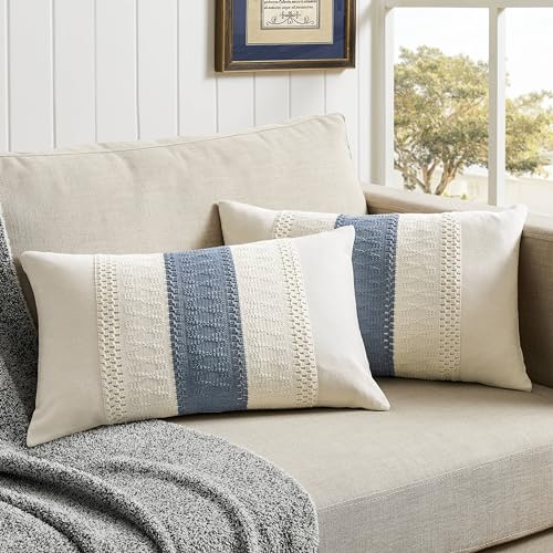 ZeeMart 2 Pack Boho Lumbar Pillow Covers, Contrast Blue 12x20in - Soft Breathable Cotton, Farmhouse Decorative Couch Pillow Cases, Cushion Covers for Sofa Bed Living Room Home Decor