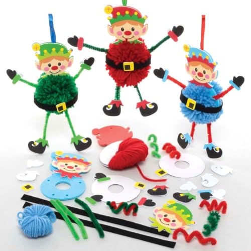 Baker Ross Christmas Elf Pom Pom Kits - Pack of 3, Christmas elf Craft kit, pom pom elf Decorations