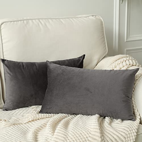 Stellhome Rectangle Velvet Pillow Covers Decorative Cushion Covers for Bed Couch Sofa Bench, 12 x 20 inch (30 x 50 cm), Dark Grey, Pack of 2