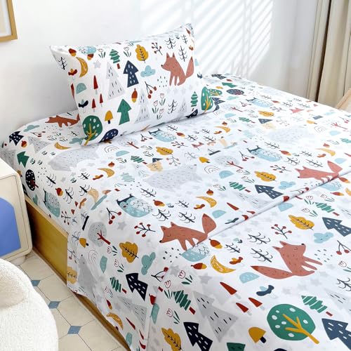 Homilay Kids Twin Sheet Sets - 3 Piece Cute Fox Breathable Soft Microfiber Bed Sheets - Easy Fit Deep Pockets Wrinkle Free - Cartoon Cozy Toddler Bedding Sets for Boys Girls Teens