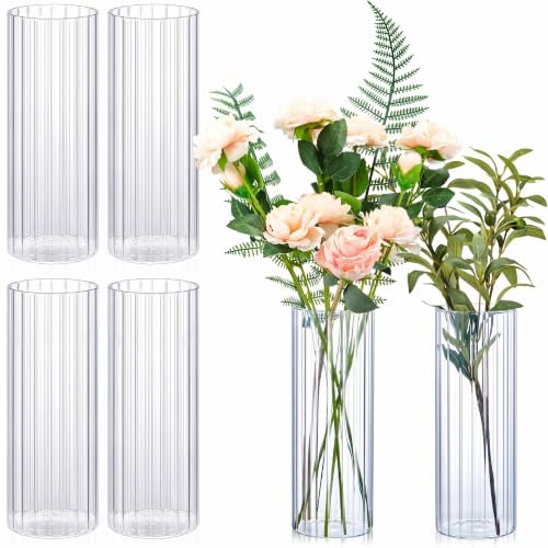 Ninehaoou 6 Pcs 10 Inch Tall Glass Ribbed Cylinder Vases for Centerpieces Clear Floating Candle Flower Vase in Bulk, Hurricane Candle Holder for Party Home Table Centerpieces(Classic Style)