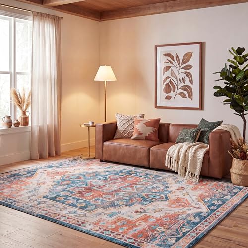 Safavieh Traditional Rug Ideal for High Traffic Areas - Machine Washable and Non Slip - Tucson Collection, Short Pile, in Blue and Red, 244 X 305 cm