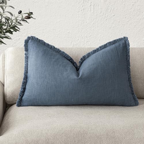 Foindtower Decorative Linen Fringe Lumbar Throw Pillow Covers Cozy Boho Farmhouse Cushion Cover with Tassel Accent Pillowcase for Sofa Bed Living Room Home Decor, 12??20 Inch,1PC,Dark Blue