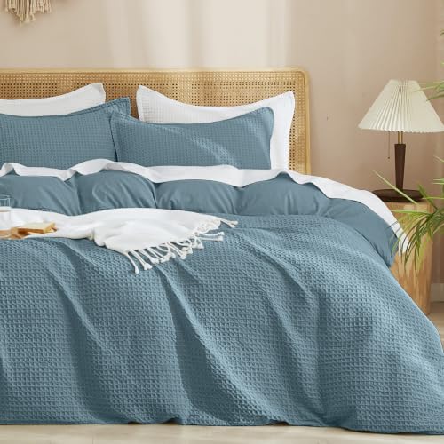 "PHF Waffle Duvet Cover Set King Size, No Snagging Ultra Soft Luxury Textured Breathable Comforter Cover for All Season 3pcs, Durable Bedding Duvet Set with 2 Pillow Shams, 104""x90"", Provincial Blue"