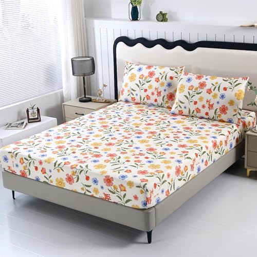 SDIII Pink Yellow Floral Full Size Fitted Sheet with 2 Pillowcases, Not Including Flat Sheet, Fawn and Floral Full Size Sheets Fall, Flower and Animal