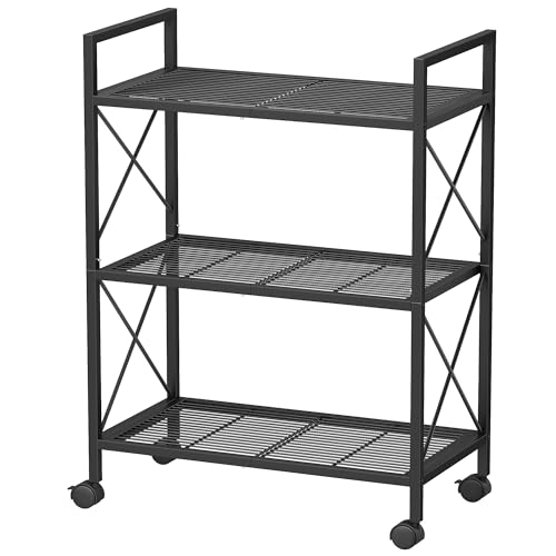 SONGMICS 3-Tier Metal Shelving Unit on Wheels, Mesh Storage Rack with X Side Frames, 32 x 60 x 85.5 cm, for Hallway, Kitchen, Living Room, Bathroom, Industrial Style, Ink Black BSC163B01