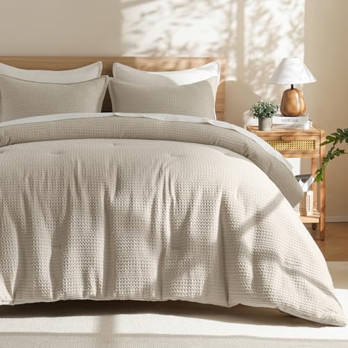 PHF Soft Waffle Comforter Set Queen Size- Comfy Breathable Waffle Weave Comforter with 2 Pillow Shams, 3 Pieces No Snagging Lightweight Bedding Set for All Season, Natural/Linen