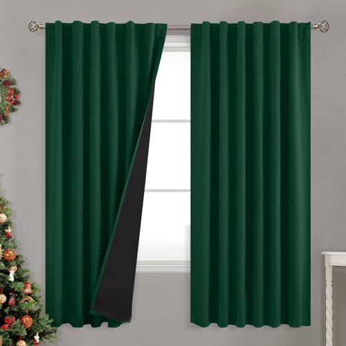 BGment 100% Thermal Insulated Blackout Curtains 72 Inches Long with Liner, Rod Pocket and Back Tab Double Layer Noise Reduce Room Darkening Curtains for Bedroom (52 x 72 Inch, 2 Panels, Emerald)