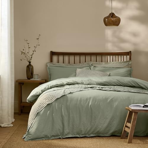 Yard furn Hebden Washed Cotton Duvet Cover Set – Soft Relaxed Percale Minimalist Bedding Set (Bay Green – Double)