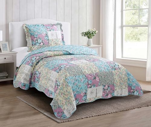 Brilliant Sunshine - 2 Piece Quilt Set Traditional Vivid Patchwork Pattern Washable Reversible Bedspread Soft Lightweight Coverlet for All Season Twin/Twin XL, Blue