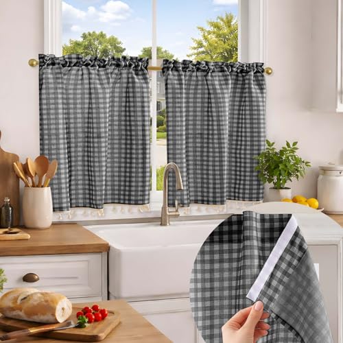 Jilron No Drill Gingham Check Linen Kitchen Curtains ??? Farmhouse Rustic Tier Drapes for Small Cafe Windows-Black Check(W 34*L 24in-2-Panel)