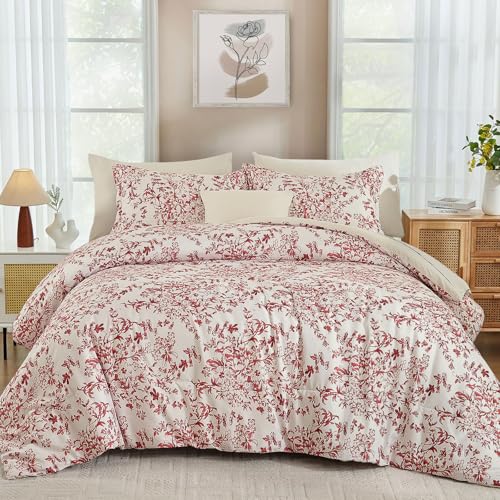 WONGS BEDDING Comforter Set Queen - Flower Botanical Soft Microfiber Comforter, Sheets, Pillowcases & Shams