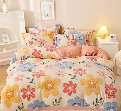 AONELAS LMONMOO Pink Duvet Cover Twin, Fluffy Comforter Cover Set, Kawaii Bedding Sets for Girl Ultra Soft Cute Floral Bed Set for Kids (Flower, Twin)