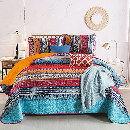 "WONGS BEDDING Boho Quilt Set Twin Size, Orange and Blue Bohemian Striped Quilt Sets 2 Pieces Soft Microfiber Lightweight Bedspread Coverlet Bedding Set for All Season(68""x86"")"