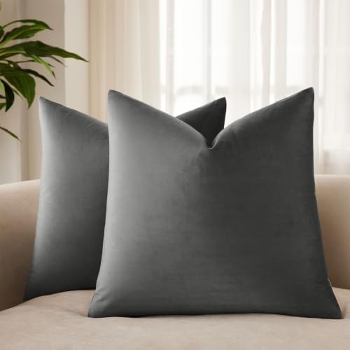 18x18 Velvet Throw Pillow Covers Set of 2 for Couch Bed Sofa,Dark Gray - for Couch Bed Sofa Chair Living Room Bedroom,Luxury Modern Home Decor,Invisible Zipper,Cozy Soft Square Cushion Covers
