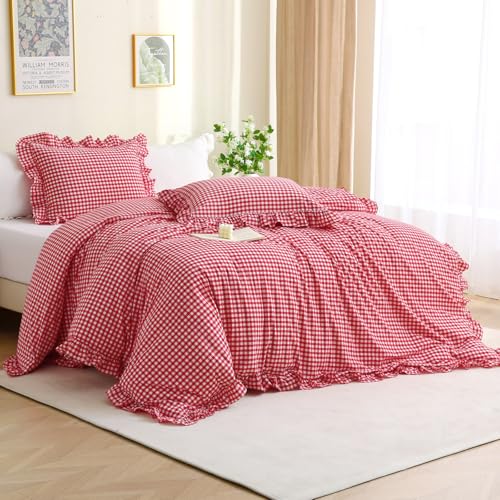 Silnuo Red/White Gingham Plaid Ruffle 3-Piece Duvet Cover Set Queen Size - 100% Washed Cotton Shabby Checkered Bedding Set Farmhouse Comforter Cover Set(Queen,Red)